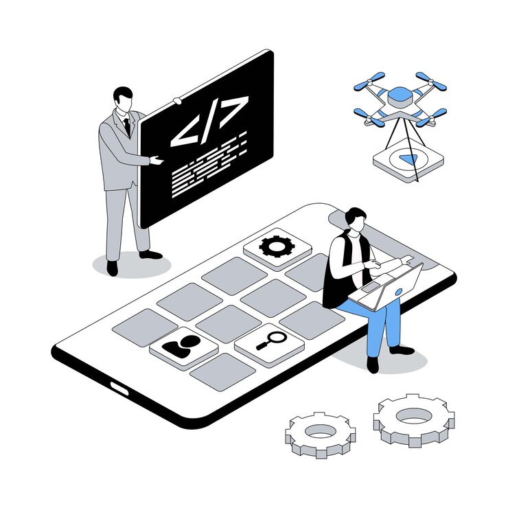 Vector app development 3d isometric concept with isometry people design for web team working with code programming creating mobile interface placing applications buttons on screen vector illustration