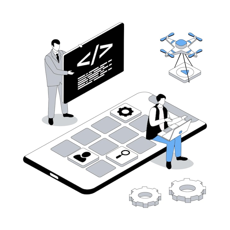 Vector app development 3d isometric concept with isometry people design for web team working with code programming creating mobile interface placing applications buttons on screen vector illustration