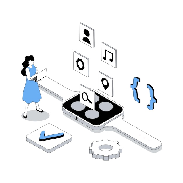app development 3d isometric concept with isometry people design for web woman creating smart watch interface placing applications buttons on screen programming and coding vector illustration