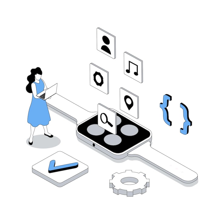 Vector app development 3d isometric concept with isometry people design for web woman creating smart watch interface placing applications buttons on screen programming and coding vector illustration