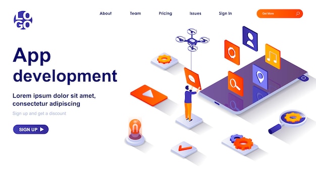 App development 3d isometric landing page with people characters