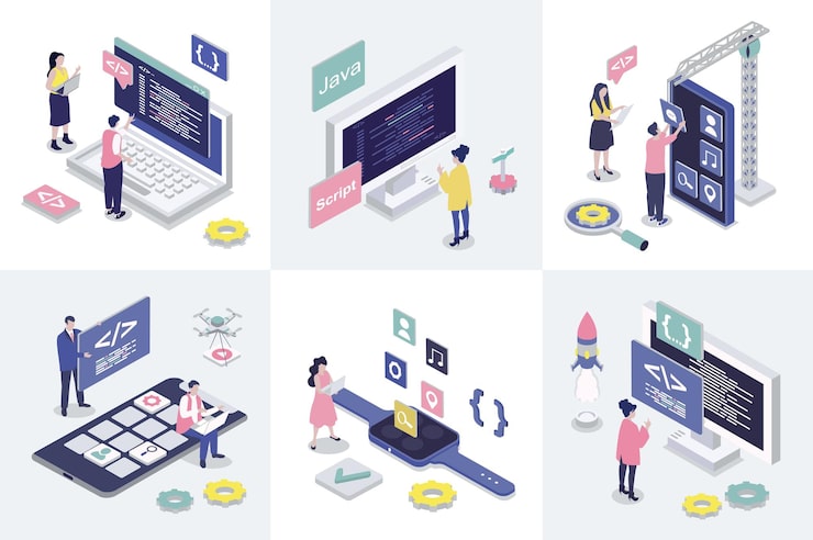 Vector app development 3d isometry concept for web design collection set with isometric people programming applications creating interface layouts making settings and optimization vector illustration