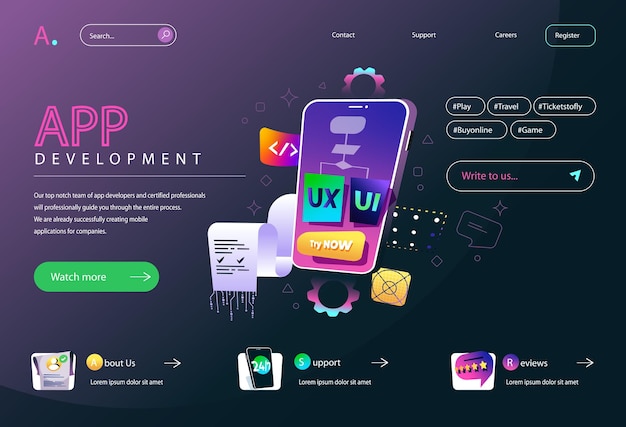 App development concept in flat cartoon design for homepage layout Mobile ui ux design prototyping creating smartphone programs and applications Vector illustration for landing page and web banner