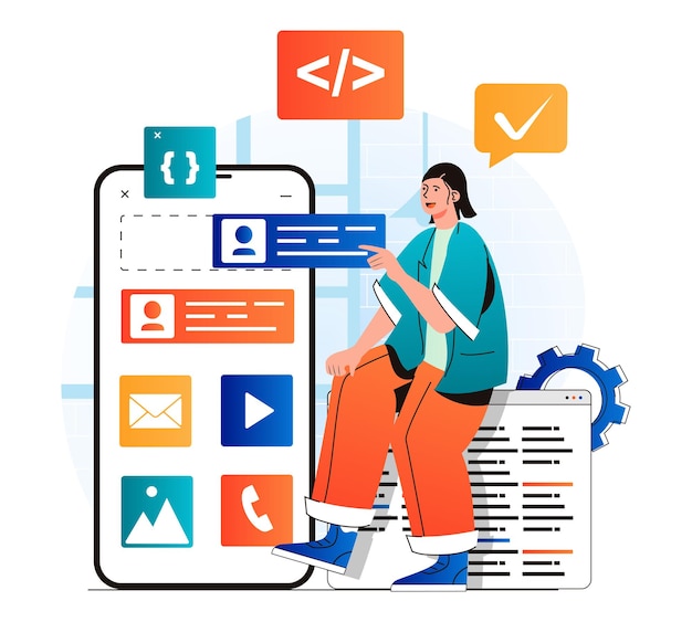 App development concept in modern flat design Developer places buttons at layout