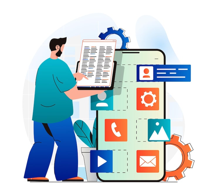 Vector app development concept in modern flat design programmer coding program code