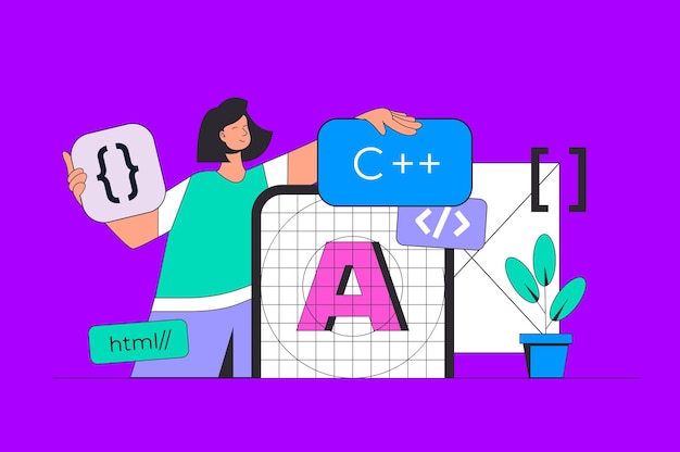 Vettore concept di sviluppo di app in moderno design piatto per il web donna che crea layout dell'interfaccia utente programmazione e codifica di prodotti mobili illustrazione vettoriale per banner di social media materiale di marketing