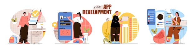 App development concept scenes set developers create mobile software application interfaces optimize products collection of people activities