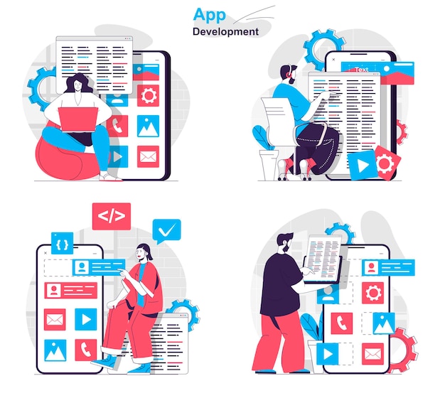 App development concept set Developers write code testing create page layout