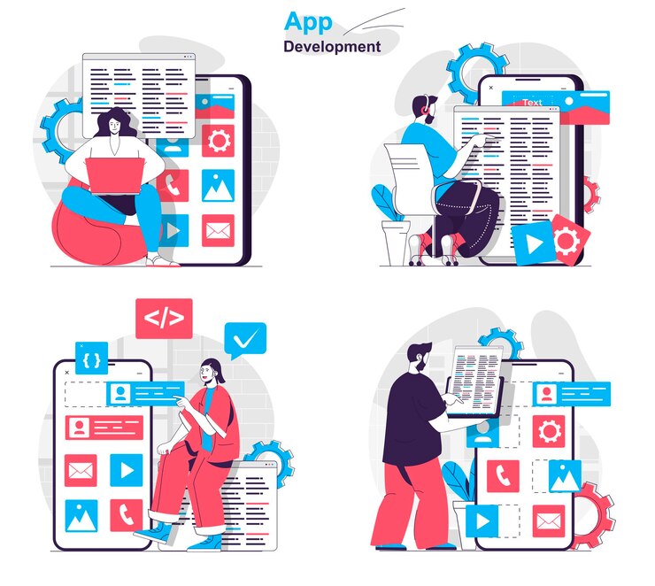 Vector app development concept set developers write code testing create page layout