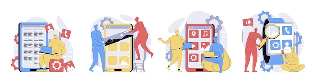 app development concept set in flat design for web collection with people programming and coding mobile layouts placing app buttons and elements make templates optimization vector illustrations