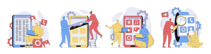 Vector app development concept set in flat design for web collection with people programming and coding mobile layouts placing app buttons and elements make templates optimization vector illustrations