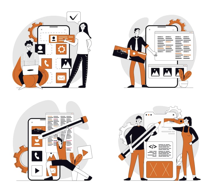 Vector app development concept set in flat design for web collection with people programming wireframe mobile phone layouts with app buttons and elements testing and coding templates vector illustrations