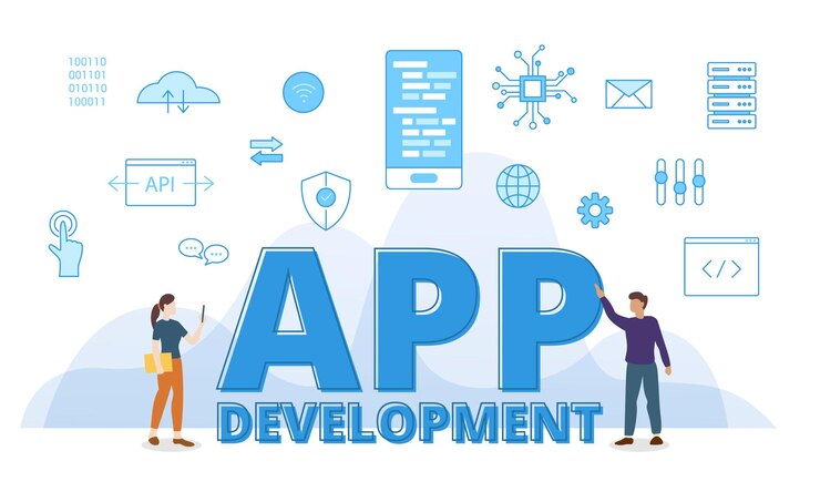 Vector app development concept with big words and people surrounded by related icon spreading with modern blue color style