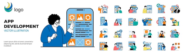 Концепция разработки приложений с меганабором ситуаций персонажей. Набор сцен, в которых люди программируют и кодируют инженерное приложение, выпускающее новый продукт. Векторные иллюстрации в плоском веб-дизайне.