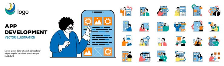 Vector app development concept with character situations mega set bundle of scenes people programming and coding engineering application releasing new product vector illustrations in flat web design