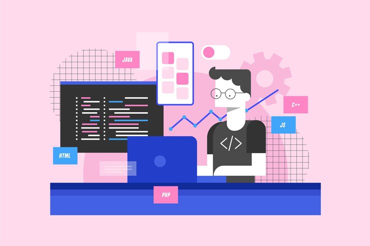 Vector app development concept with man and laptop