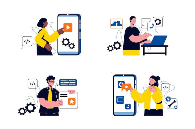 Concetto di sviluppo di app con persone quattro scene nel design piatto del fumetto i lavoratori creano configurare