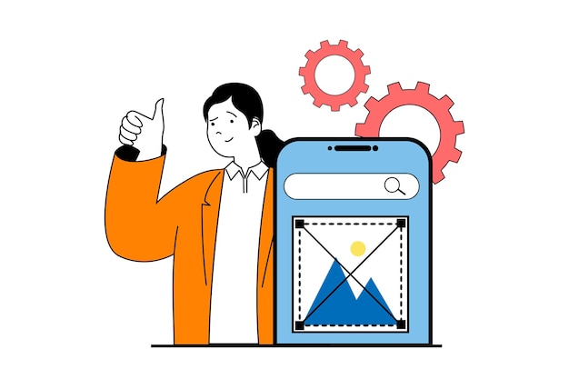 フラット web デザインの人々 のシーンを含むアプリ開発コンセプトモバイル最適化を行う ui レイアウトのグラフィック要素を配置する女性ソーシャル メディア バナー マーケティング素材のベクトル図