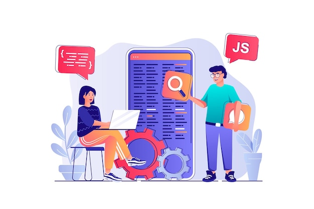 Vector app development concept with people scene man and woman designers creating interface layout of mobile application programming and coding vector illustration with characters in flat design for web