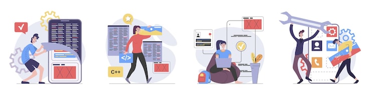 Vector 应用开发概念与人场景设置在平面网页设计 编程移动软件测试和修复界面产品的角色情况收集 矢量插图