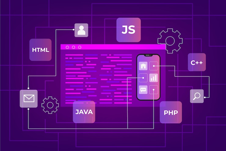 Vector app development concept with phone and coding languages