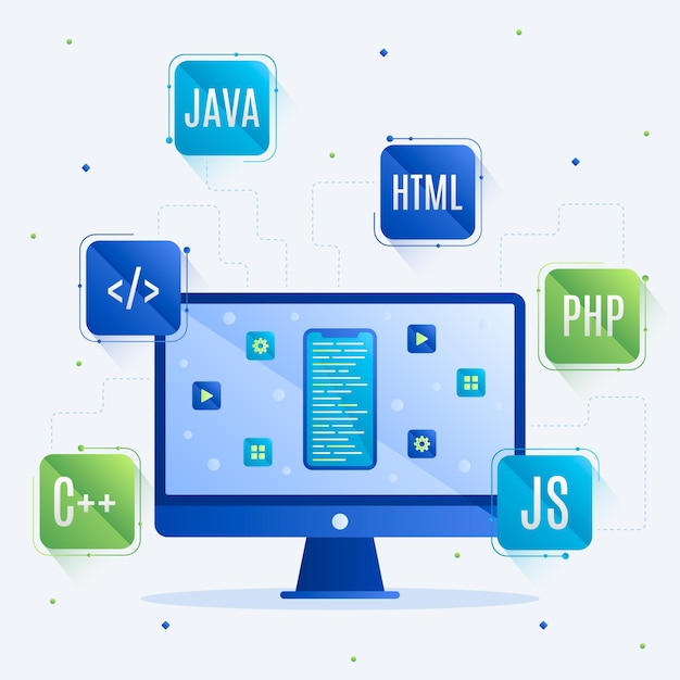 Vector app development concept with programming languages and desktop