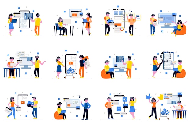 Concetto di sviluppo di app con scene di persone minuscole ambientate in un design piatto fascio di sviluppatori di uomini e donne che creano interfacce, layout, codifica e ottimizzazione per dispositivi illustrazione vettoriale per il web