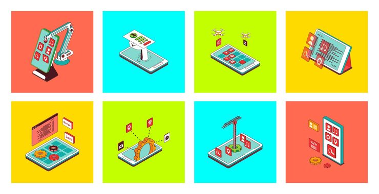 Vector app development development concept of 3d isometric icons set pack with programming applications process creating mobile interface layouts testing accessibility optimization vector illustration