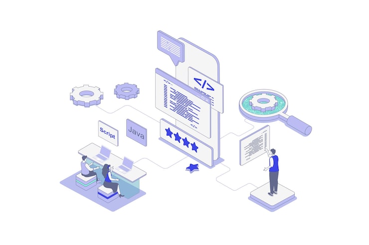 Vector app development isometric concept in outline isometry design for web people making mobile phone layouts programming application interface with scripts coding app and software vector illustration