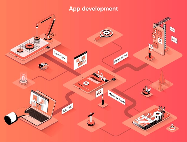 App development isometric web banner flat isometry