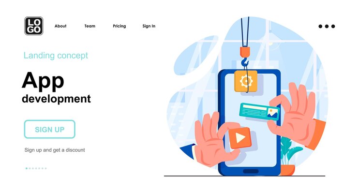Vector app development landing page template with people character