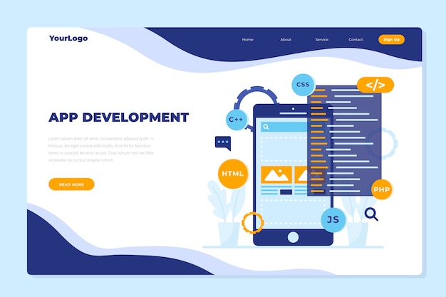 Vector app development landing page template with phone