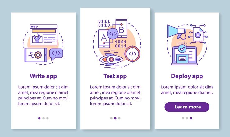 Vector app development onboarding mobile app page screen with linear concepts. writing, testing, deploying program walkthrough 3 steps graphic instructions. ux, ui, gui vector template with illustrations