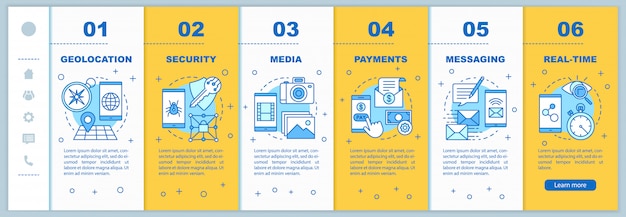 App development onboarding mobile web pages template. Media, security. Responsive smartphone website interface idea with linear illustrations. Webpage walkthrough step screens. Color concept