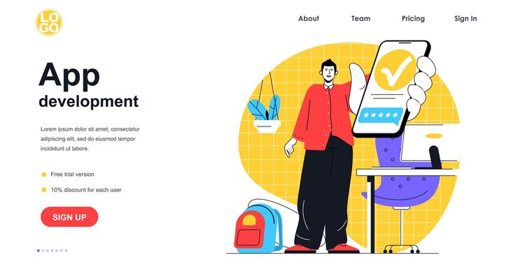 Vector app development web banner concept. developer programming smartphone mobile application, optimization interface, programmer landing page template. vector illustration with people scene in flat design