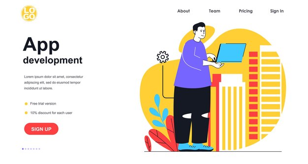 App development web banner concept. man programmer creates and optimizes smartphone or computer applications, programming landing page template. vector illustration with people scene in flat design