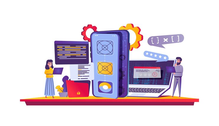 Vector app development web concept in cartoon style  