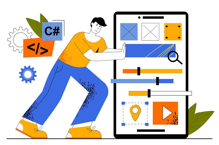 Vector 應用程式開發網頁概念.開發者建立行動應用程式的界面,放置按,導航元素.程序員開發軟件.