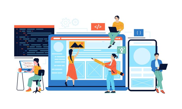 Vector app development web page content management project coding and programming concept workers creating internet service for computers and mobiles vector working programmer designer