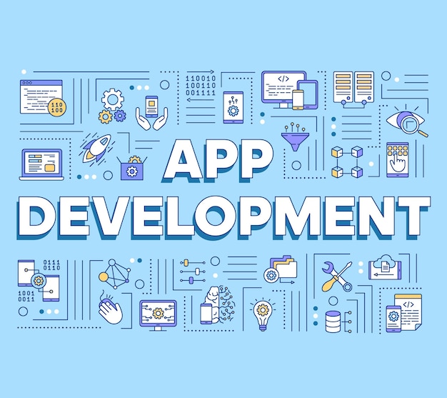 App development word concepts banner. mobile software coding. computer programming language. presentation, website. isolated lettering typography idea with linear icons. vector outline illustration