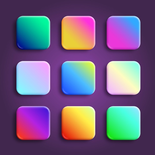 App icons glossy vector backgrounds collection 3D buttons with neon holographic gradients and realistic soft shadows Rounded rectangle shapes for web and mobile applications