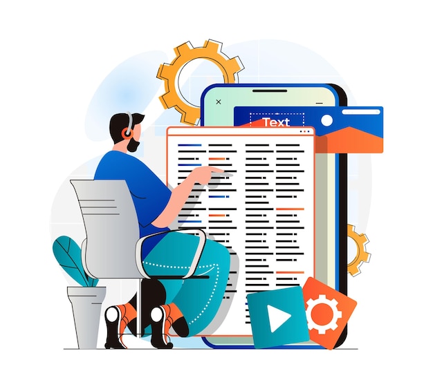 App-ontwikkelingsconcept in modern plat ontwerp Man ontwikkelaar coderingscode ui lay-outontwerp