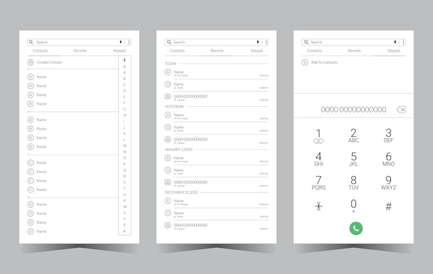 App screen Contacts, Recents, Keypad design UI kit.
