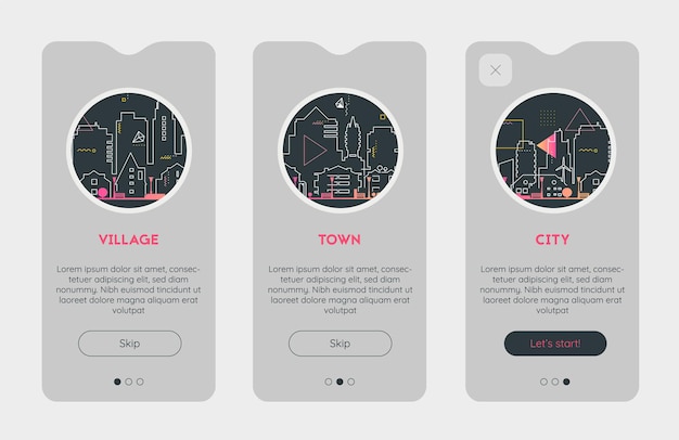 Vector app splash onboarding screens with vector illuctrations of an abstract city, town and a village farm