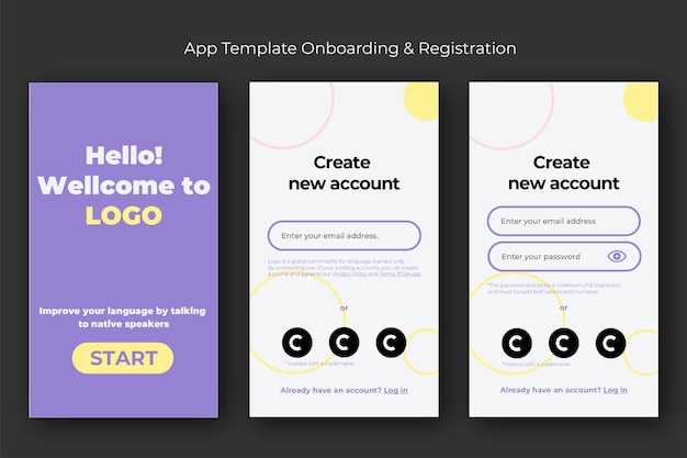 Vettore modello di app onboarding e registrazione