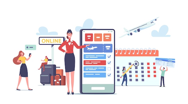 App for Tourists Concept. Happy Characters Go Travel Booking Plane Tickets Using Mobile Phone. Passengers with Luggage near Huge Cellphone with Trip Application. Cartoon People Vector Illustration