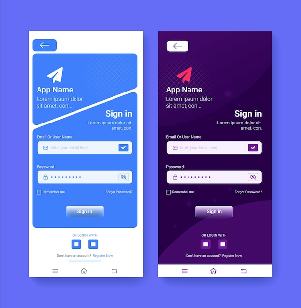 Vector app ui design login page templates login screen for app access with sign in or online login form