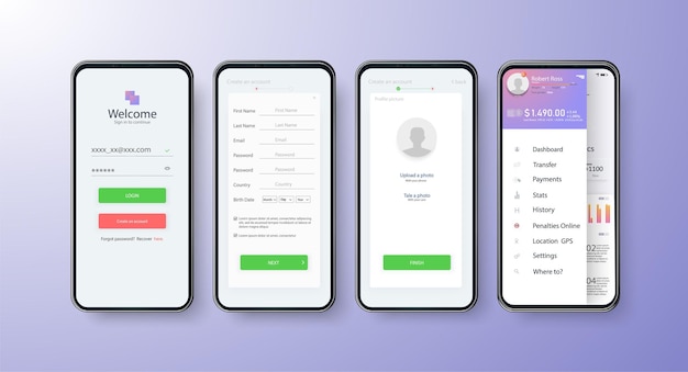 app ui kit for responsive mobile app or website with different gui layout including login create account profile transaction and notification screens