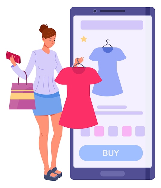 Vector app voor online kledingwinkel webwinkelen klant kiest jurk