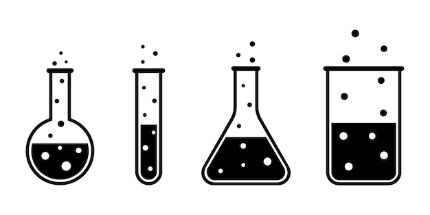 Apparatuur voor chemisch glaswerk. Experiment kolven vector iconen set. Wetenschappelijk onderzoek.